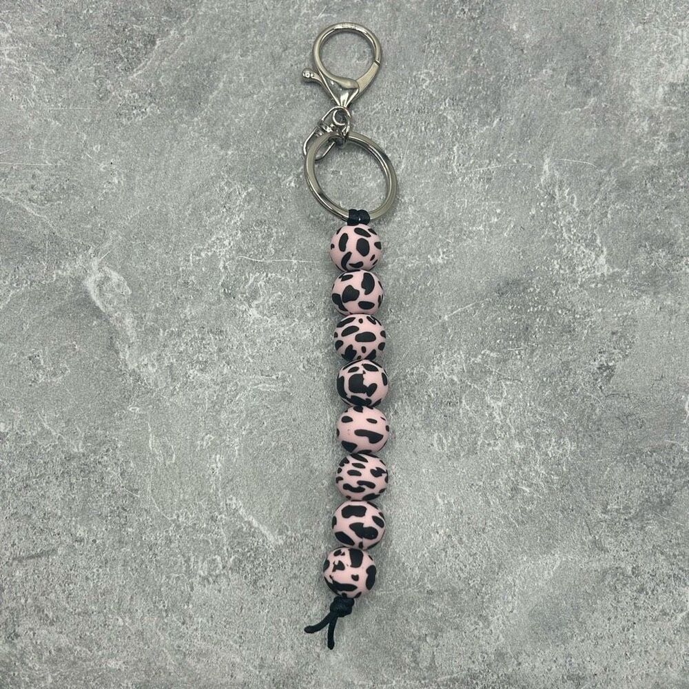 New Handmade Leopard Beaded Keychain Black Pink Round Beads Wristlet Key Ring Ac